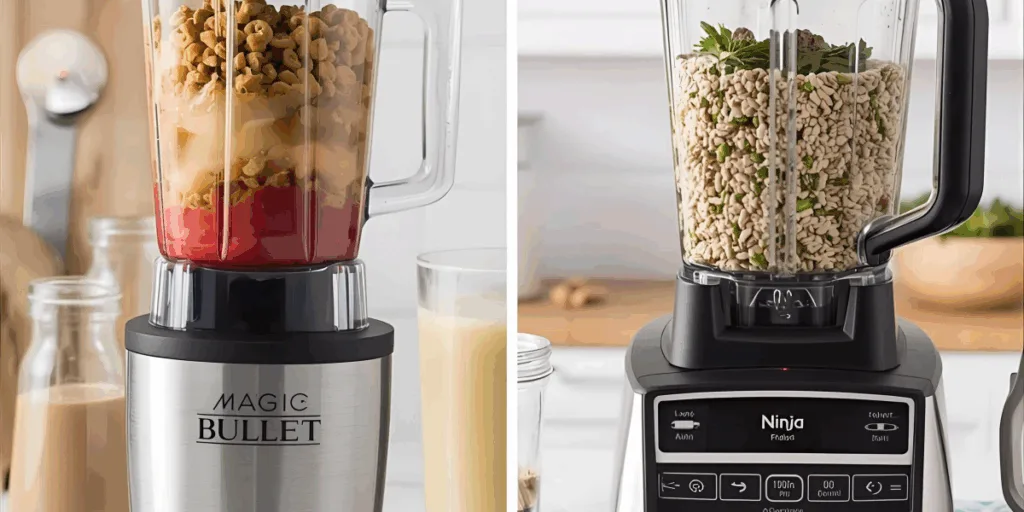 Two blenders filled with grains and liquids in kitchen