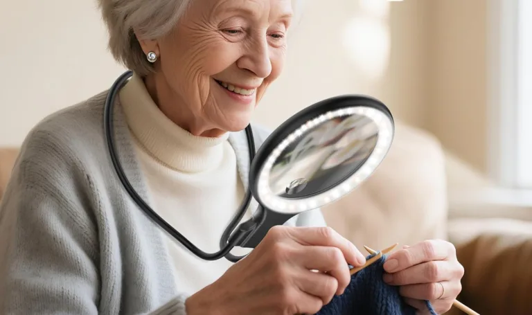 Elderly woman knitting with magnifying glass.