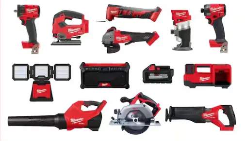 Milwaukee power tools collection on white background.