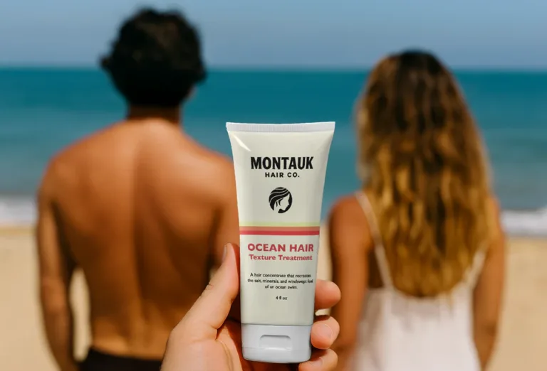 Beach scene with hair texture treatment product.