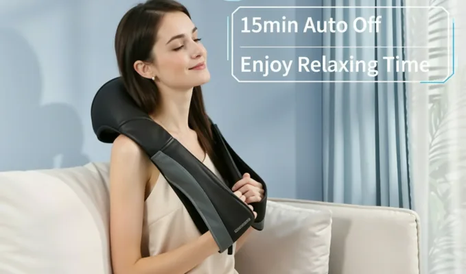 Woman relaxing with neck massager on couch.