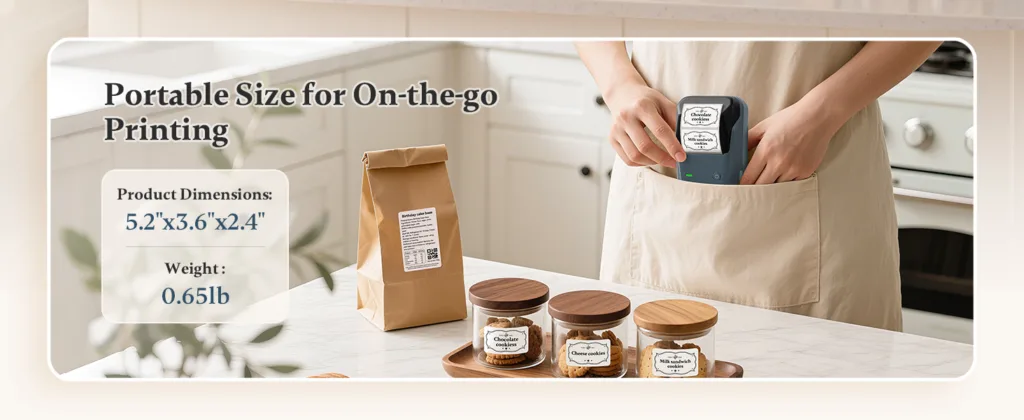 Portable label printer, kitchen countertop, product dimensions shown.