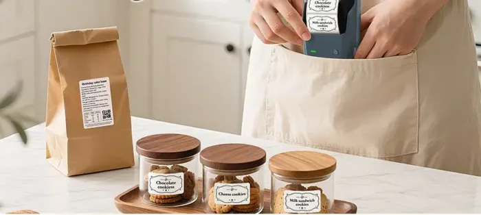 Portable label printer, kitchen countertop, product dimensions shown.