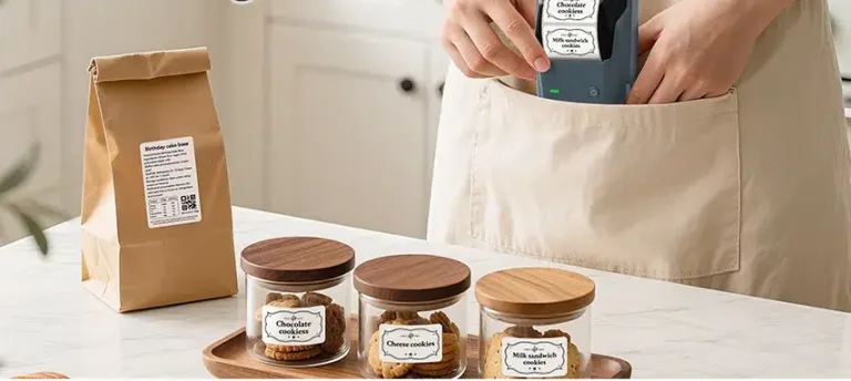 Portable label printer, kitchen countertop, product dimensions shown.