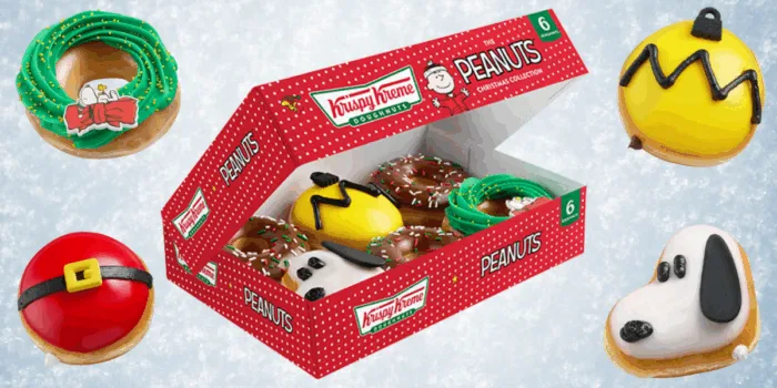 Krispy Kreme Peanuts-themed holiday donut collection box.