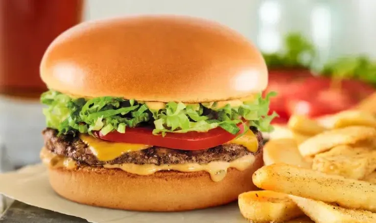 Cheeseburger with lettuce, tomato, fries on side.
