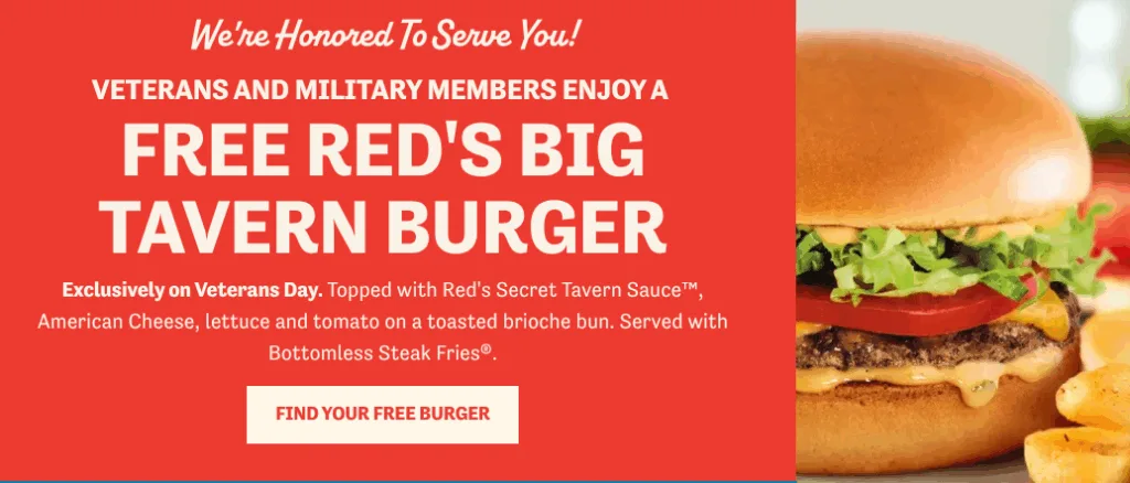 Veterans enjoy a free Red's Tavern Burger offer.