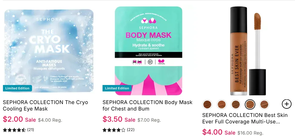 Sephora skincare products on sale, including masks and concealer.