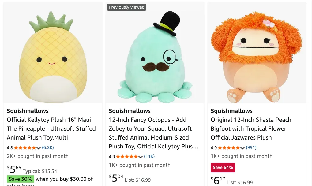 Three colorful Squishmallow plush toys.