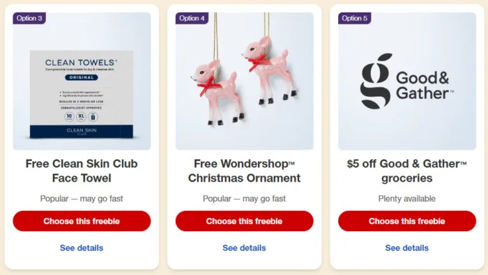 Free face towel, ornament, grocery discount offers