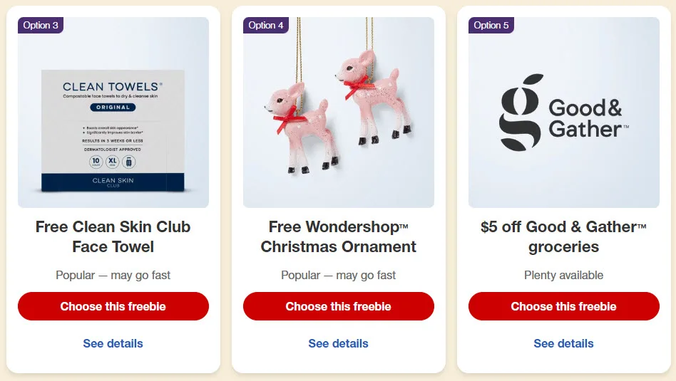 Free face towel, ornament, grocery discount offers