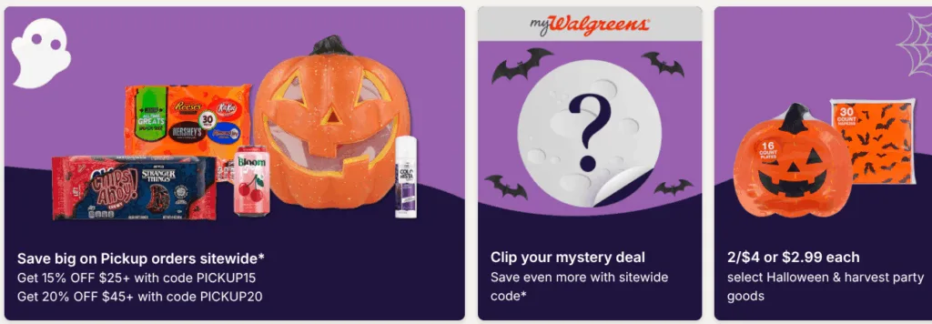 Walgreens Halloween sale with discounts and mystery deals.