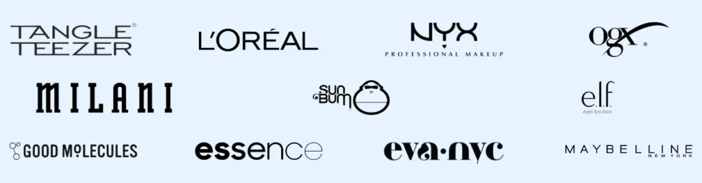 Logos of various beauty product brands.
