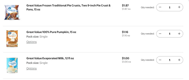 Grocery items: pie crusts, pumpkin, evaporated milk.