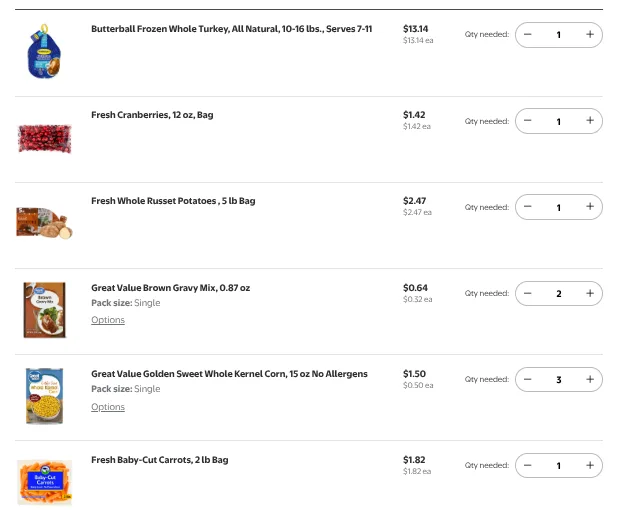 Grocery list: turkey, cranberries, potatoes, gravy, corn, carrots.