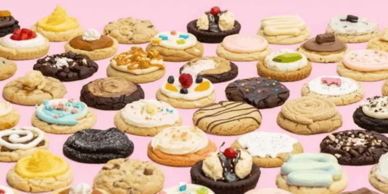 Assorted decorated cookies on pink background.