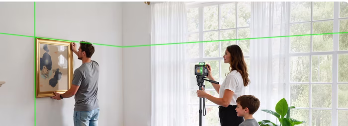 Family using laser level to hang picture straight.