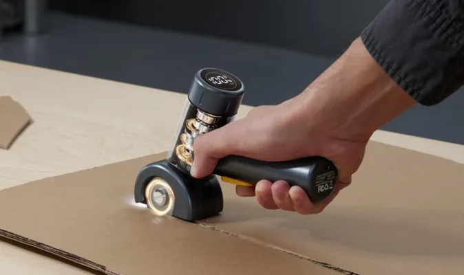Hand using electric cutter on cardboard