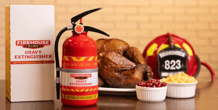 Firehouse Subs Gravy Extinguisher with Thanksgiving feast