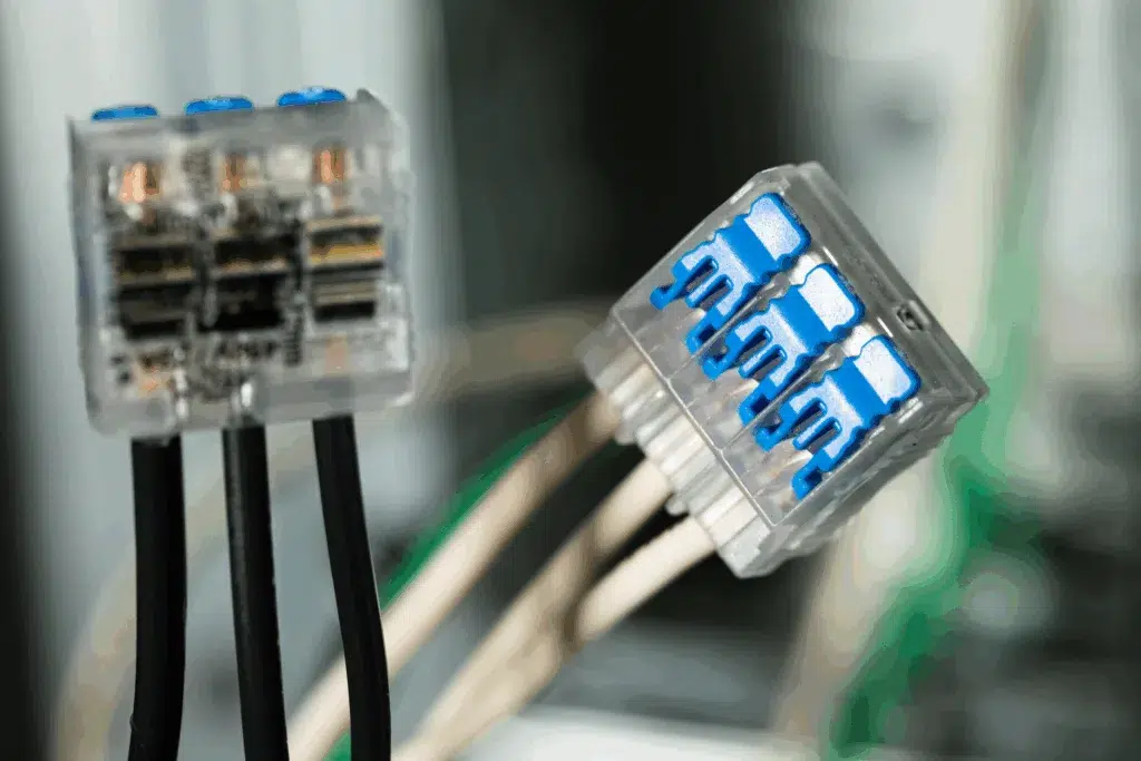 Close-up of cable connectors in server room.