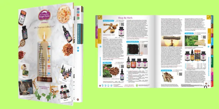 Herbal supplement catalog cover and open page.