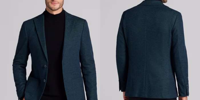 Men's teal suit, front and back views