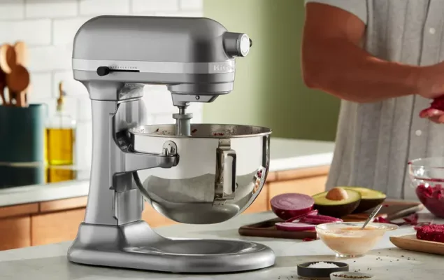 Silver stand mixer on kitchen counter