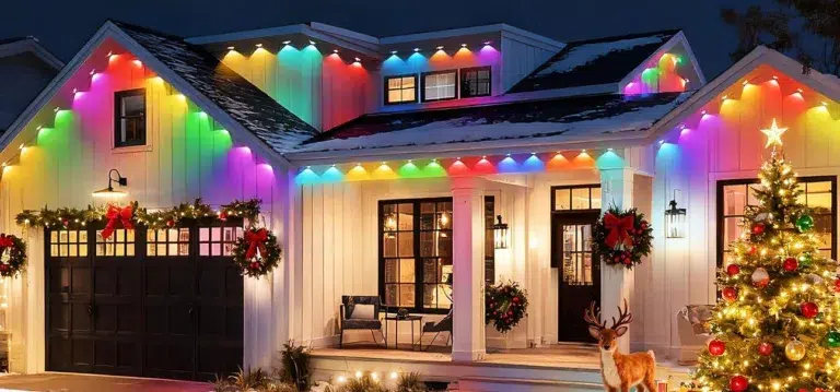 Brightly decorated house with colorful lights at Christmas.
