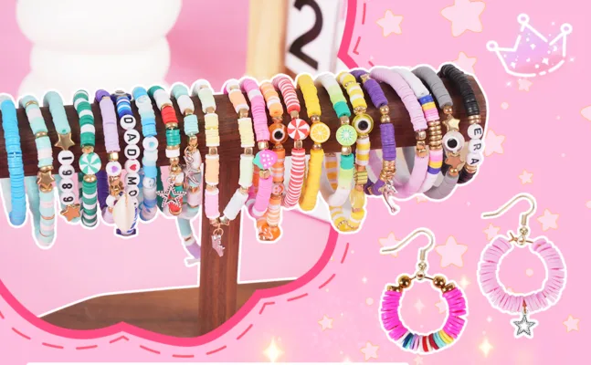 Colorful beaded bracelets and earrings display.