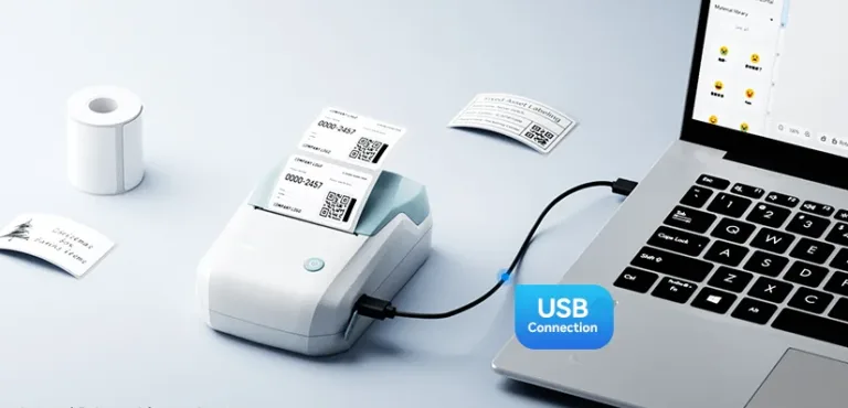 USB cable connects label printer to Windows laptop.