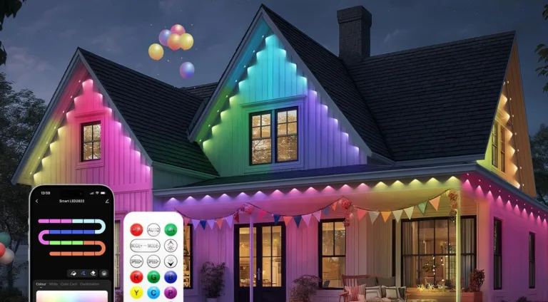 House with colorful LED lights, phone control shown.