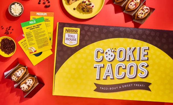 Nestle Toll House cookie tacos and ingredients display.