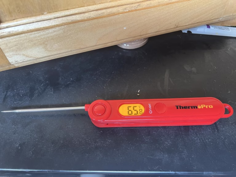 Digital meat thermometer, red, displaying 65°F.