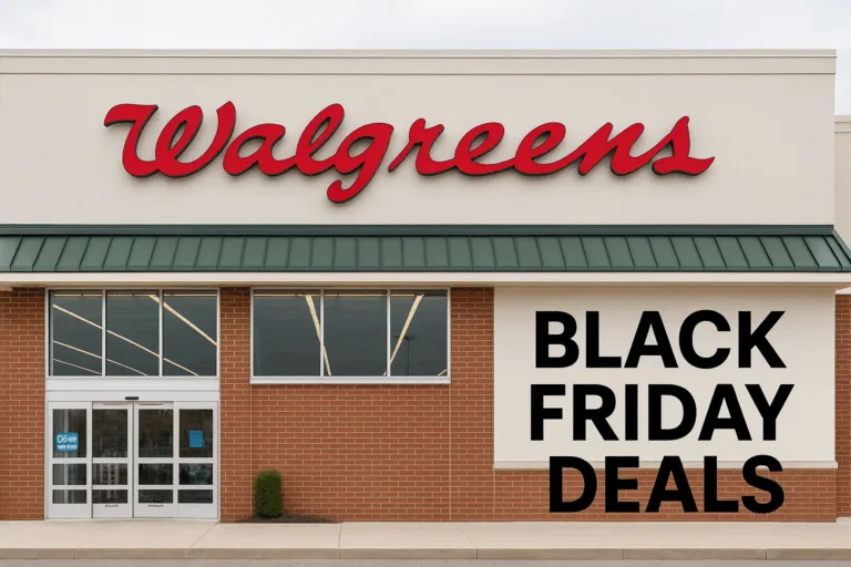Walgreens storefront with Black Friday deals sign.