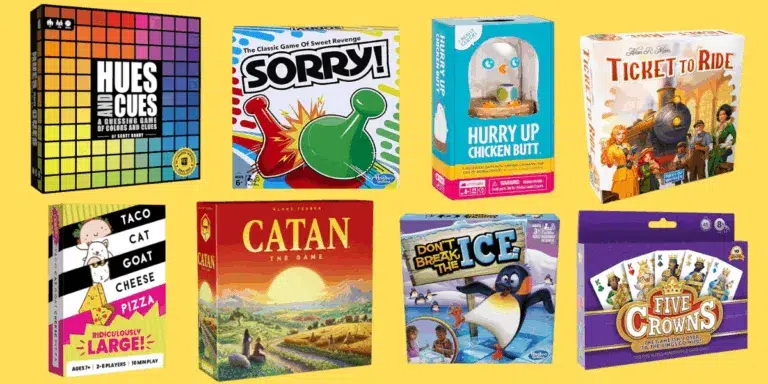 Various colorful board games on display