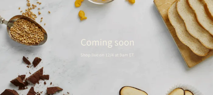Bread, grains, chocolate, text: 'Coming soon, Shop live 12/4'