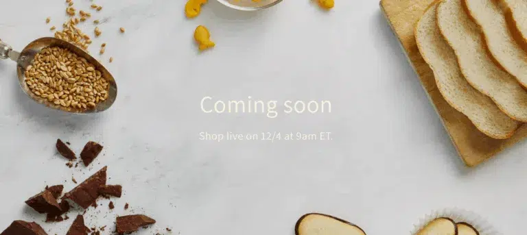 Bread, grains, chocolate, text: 'Coming soon, Shop live 12/4'