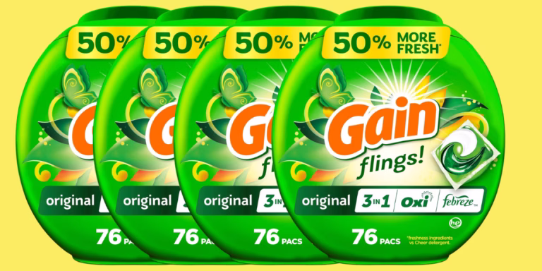 Gain Flings detergent packs offer freshness and power.