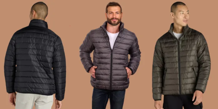 Men's puffer jackets in various colors displayed.