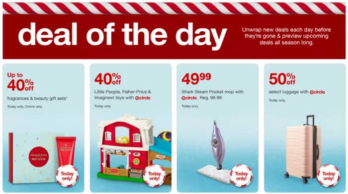 Daily deals: toys, beauty, mop, luggage discounts.