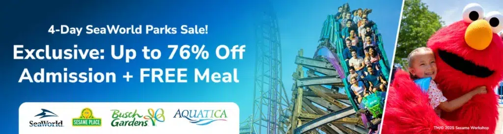 SeaWorld parks discount sale announcement with attractions.