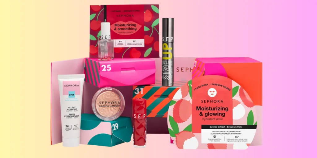 Sephora beauty products on colorful background.