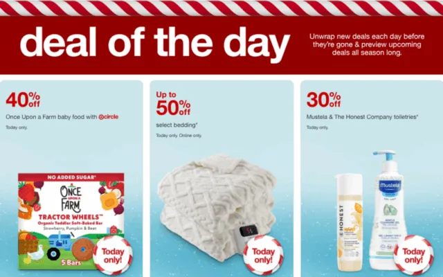 Daily deals: baby food, bedding, toiletries discounts.