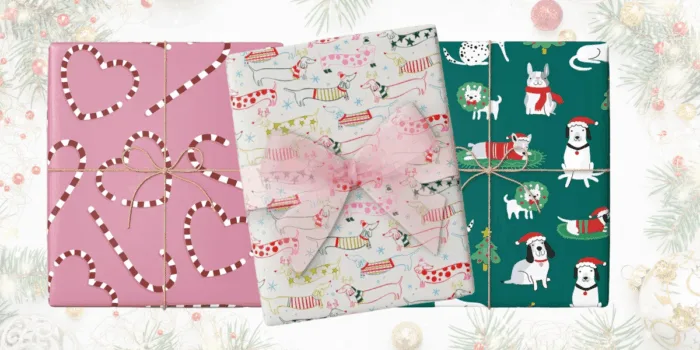 Three wrapped gifts with festive designs and ribbon.