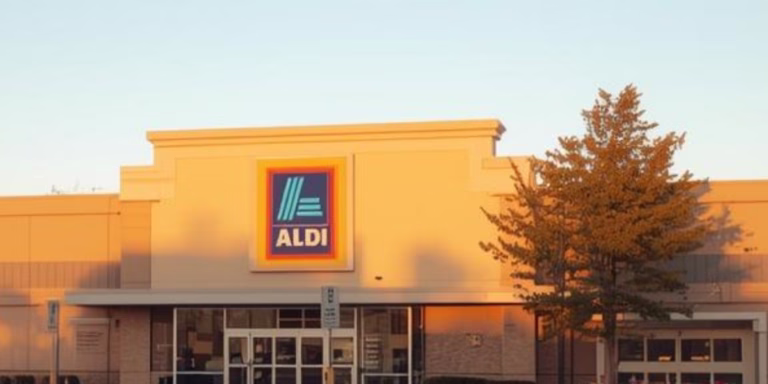 Aldi grocery store exterior at sunset.