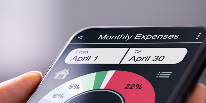 Smartphone displaying monthly expenses pie chart