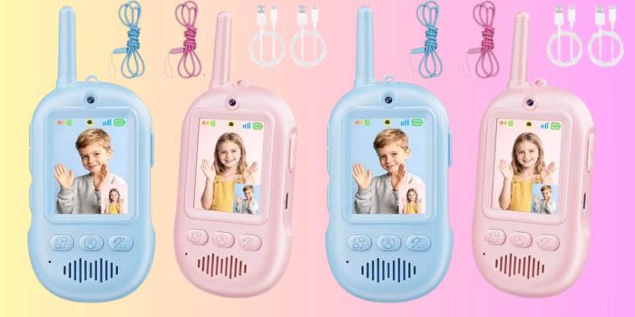 Kids video walkie talkies in pink and blue.