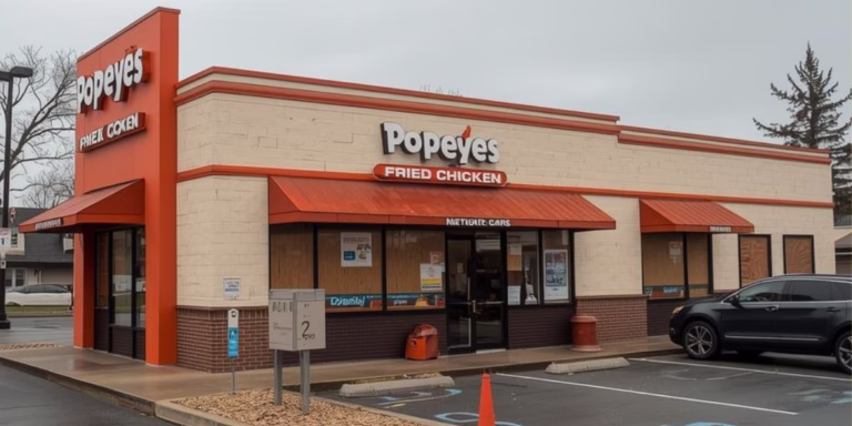 Popeyes restaurant exterior view, parking lot visible.