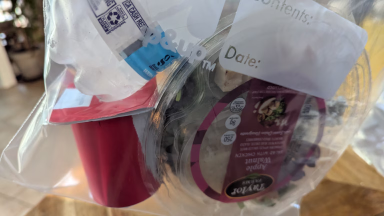 iy homemade cooler using a zip lock bag frozen water bottle and salad