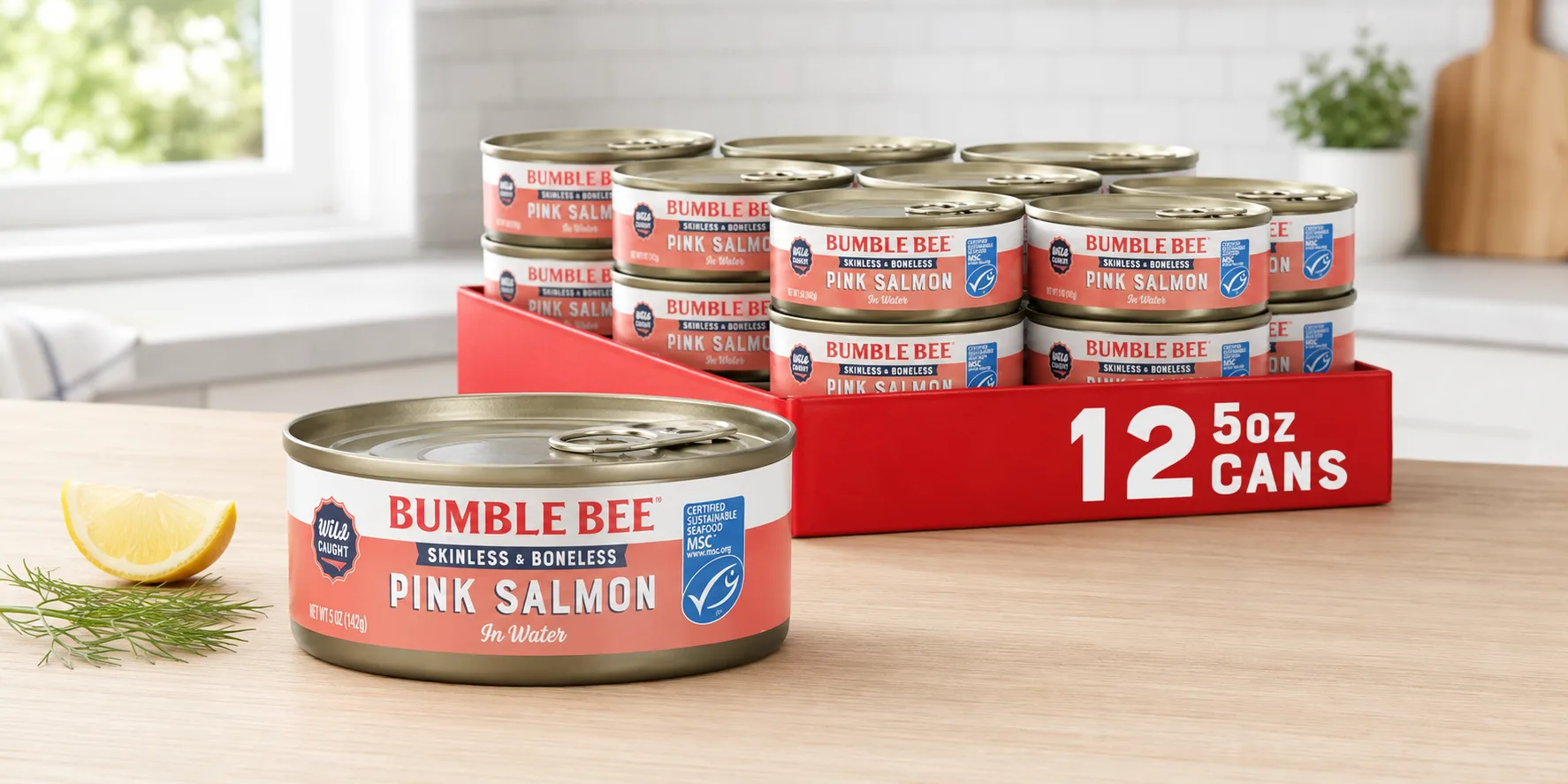 bumble bee pink salmon on counter